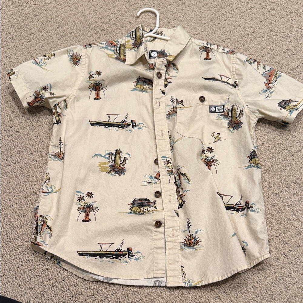 Boys Salty Crew Cream Button Down Shirt with Nautical Print